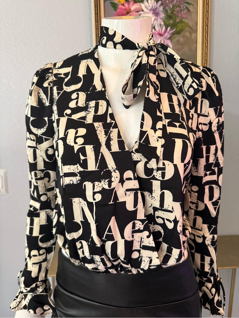 Black & Cream Tie-Neck Printed Blouse